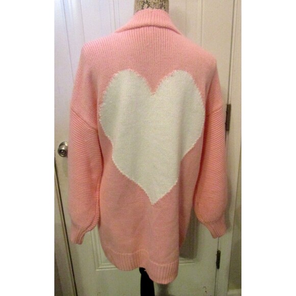 Crown & Ivy Cardigan Pink Heart Knit Sweater Balloon Sleeves Oversized Womens S - Picture 2 of 7